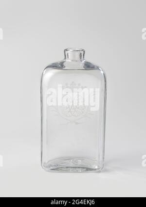 Bottle with a crowned monogram (?). Bottle of bright, colorless glass. Flat bottom. Rectangular body with rounded corners and shoulders. Short neck. A crowned monogram on the body (?) Between two lureways together. Stock Photo