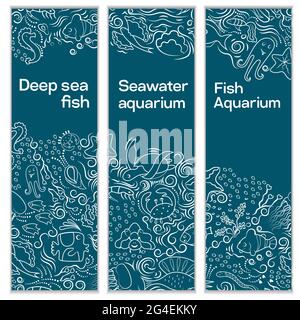 A set of vertical banners. With ornament on a marine theme. The shells, fish, deep-sea animals of the sea and the ocean A beautiful marine aquarium. A Stock Vector