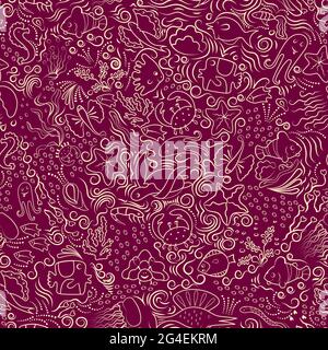Seamless pattern from marine life, fish, coral and algae. From white, artistic lines, outlines, For printing on fabric, advertising aquariums. On a re Stock Vector