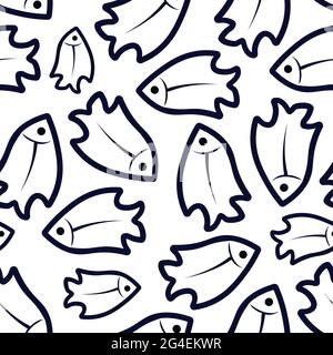 Seamless pattern black and white with fishes. Silhouettes of sea animals, monochrome image for printing on fabric, banners. Vector illustration Stock Vector