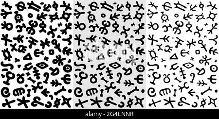 Three sets of abstract organic, geometric shapes for several patterns, with three different line thicknesses. Brush style vector drawing on isolated b Stock Vector