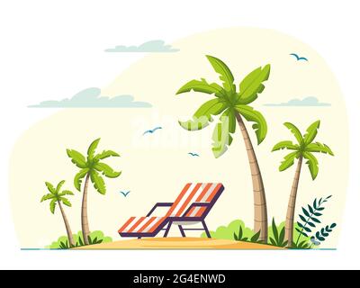 Summer Vacation Lounger On Sea Beach Landscape. Stock Vector