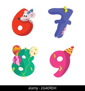 Seven years old animated logotype. 7 anniversary funny logo. Kids