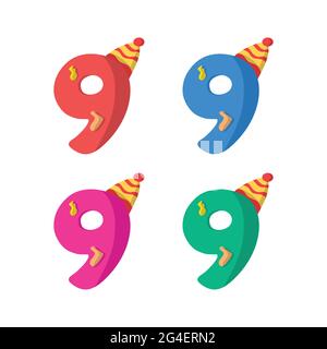 9 year birthday candle flat design vector illustration with different color choice. Stock Vector