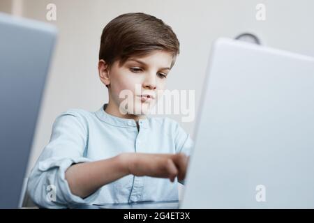 Portrait of schoolboy using laptop computer during IT class in school, copy space Stock Photo