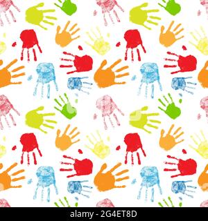 Colorful silhouettes of human palm prints, seamless pattern on white Stock Vector