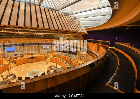 A general view inside the Senedd, home of the Welsh Parliament, in Cardiff Bay in Cardiff, Wales, United Kingdom. Stock Photo