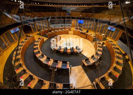 A general view inside the Senedd, home of the Welsh Parliament, in Cardiff Bay in Cardiff, Wales, United Kingdom. Stock Photo