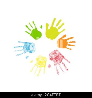 Colorful silhouettes of human palm prints arranged in circle on white Stock Vector