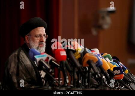 Tehran, Iran. 21st June, 2021. Iran's new President-elect Ebrahim Raisi speaks during a press conference in Tehran, Iran, Monday, June 21, 2021. The hardline judiciary chief and Western critic said he would not be willing to meet U.S. President Joe Biden. Photo by Maryam Rahmanian /UPI Credit: UPI/Alamy Live News Stock Photo