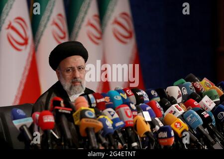 Tehran, Iran. 21st June, 2021. Iran's new President-elect Ebrahim Raisi speaks during a press conference in Tehran, Iran, Monday, June 21, 2021. The hardline judiciary chief and Western critic said he would not be willing to meet U.S. President Joe Biden. Photo by Maryam Rahmanian /UPI Credit: UPI/Alamy Live News Stock Photo