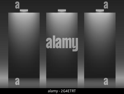 Three black elegant backdrops with lights. Vertical vector banner template with copy space. Stock Vector