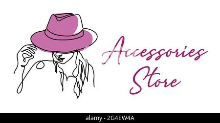 Accessories store shop sign, signboard. Girl in hat one continuous line art drawing. Woman with headdress on her head Stock Vector