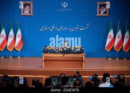Tehran, Iran. 21st June, 2021. Iranian President elect Ebrahim Raisi attends a press conference for speaking with local and international media in Tehran. (Photo by Sobhan Farajvan/Pacific Press) Credit: Pacific Press Media Production Corp./Alamy Live News Stock Photo