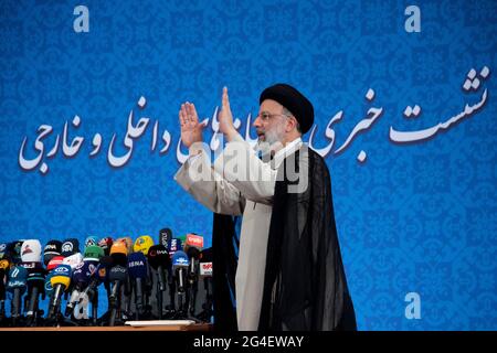 Tehran, Iran. 21st June, 2021. Iranian President elect Ebrahim Raisi attends a press conference for speaking with local and international media in Tehran. (Photo by Sobhan Farajvan/Pacific Press) Credit: Pacific Press Media Production Corp./Alamy Live News Stock Photo