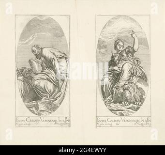 . Two performances on a leaf, printed of two plates. Left: The personalized youth (with scepter) and old age (with keys). Right: The personification of the city of Venice sitting with a scepter in her hand on a globe, her foot is on the back of a lion in front of her. The prints are part of a 53-part series to paintings by Titian and Veronese. Stock Photo