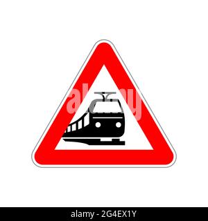 Train silhouette on the triangle red and white road sign on white Stock Vector