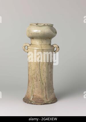 . Vase of stoneware with two ears on the shoulder, partly covered with a celadongin glaze. The belly is cylindrical and slightly finished to the foot. The neck has a spherical thickening and short, raised edge. The back and the lower part of the vase are unglazed. A baking tear in the wall. I go. Stock Photo