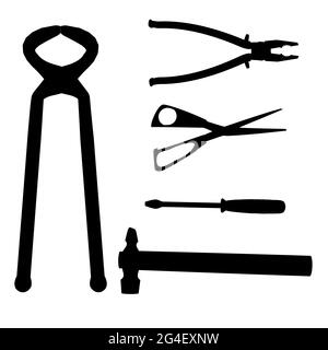 Set with silhouettes of tools isolated on white background. Nippers, scissors, hammer, screwdriver, pliers. Vector illustration. Stock Vector