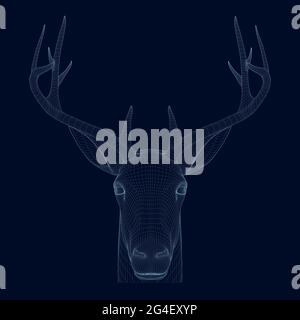 Deer head wireframe made of blue lines on a dark background. 3D. Front view. Vector illustration. Stock Vector