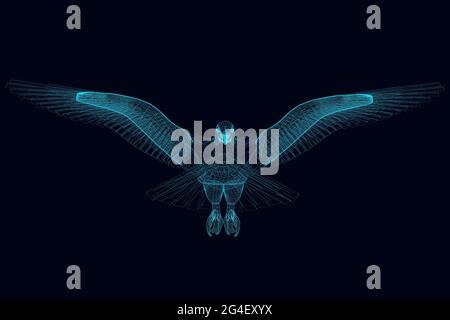 Wireframe of an eagle with spread wings of blue lines on a dark background. 3D. Front view. Vector illustration. Stock Vector