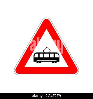 Tram icon on the triangle red and white road sign on white Stock Vector