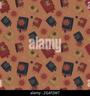 Seamless pattern with hand drawn grimoires with sun on cover. Vintage witch or magic spell books Stock Vector