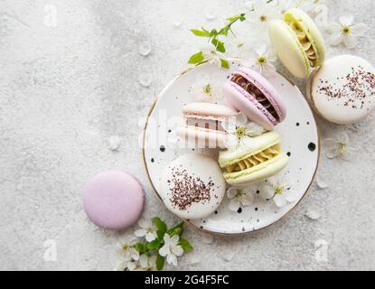 French sweet macaroons colorful variety on a concrete background with spring blossom Stock Photo