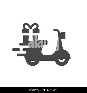 Fast delivery motor scooter with gift box. Black vector icon. Stock Vector