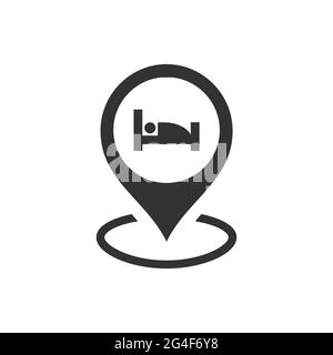 Hotel location pin for map with bed symbol. Black vector icon. Stock Vector