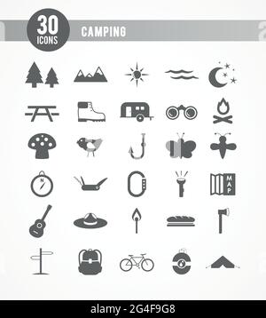 Camping grey icon set. 30 items. Vector illustration, flat design Stock Vector
