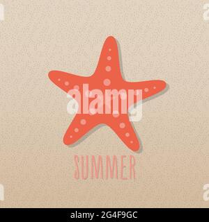 Coral starfish on the beach sand. Vector illustration, flat design Stock Vector