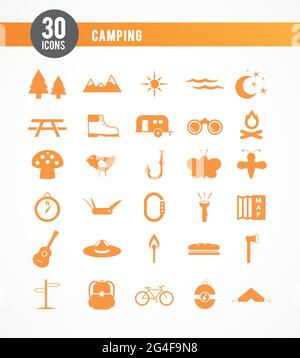 Camping orange icon set. 30 items. Vector illustration, flat design Stock Vector