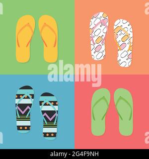 Colorful flip flops for vacation. Top view. Vector illustration, flat design Stock Vector