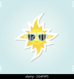 Smiling sun with sunglasses. Turquoise background. Vector illustration, flat design Stock Vector