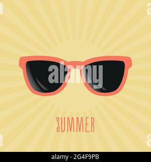 Coral summer sunglasses. Striped background. Vector illustration, flat design Stock Vector