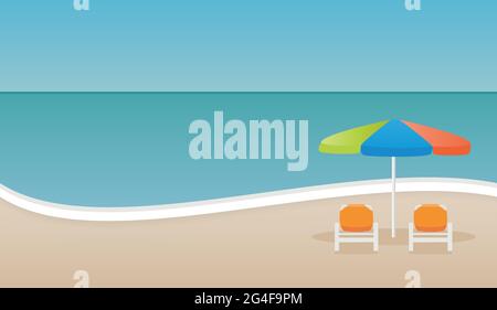 Seashore with parasol and hammock. Beach landscape. Vector illustration, flat design Stock Vector