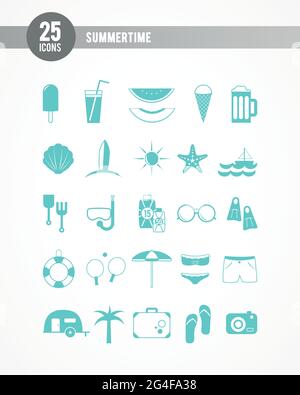 Summer turquoise icon set. 25 items. Vector illustration, flat design Stock Vector