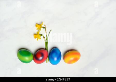 Row of colorful easter eggs with flowers, Germany Stock Photo