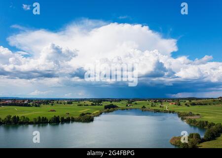 Thunderclouds over Riegsee, drone image, Upper Bavaria, Bavaria, Germany Stock Photo