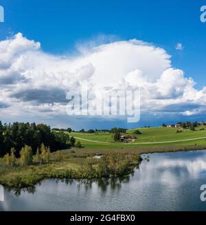 Thunderclouds over Riegsee, drone image, Upper Bavaria, Bavaria, Germany Stock Photo