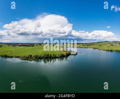 Thunderclouds over Riegsee, drone image, Upper Bavaria, Bavaria, Germany Stock Photo