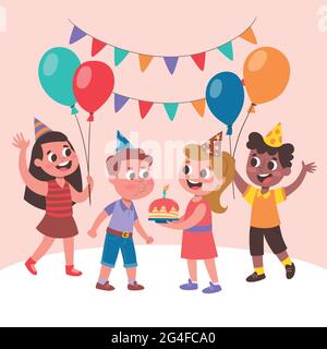 Cute children celebrating a birthday party. Little boy blowing out the candles. Happy children with balloons jumping and celebrating. Stock Vector