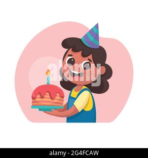 Birthday congratulation. Portrait of a happy little girl with a bithday cake. Isolated illustration. Stock Vector