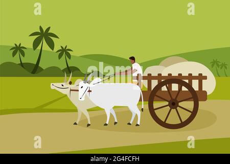 Farmer Plowing Field Couple Bullock Stock Vector (Royalty Free) 2114727386