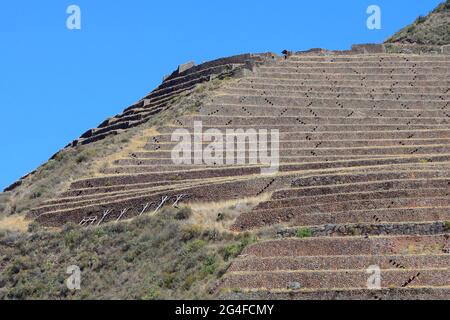 Walled terraces in the Inca ruin complex, Pisac, Cusco region, Urubamba province, Peru Stock Photo