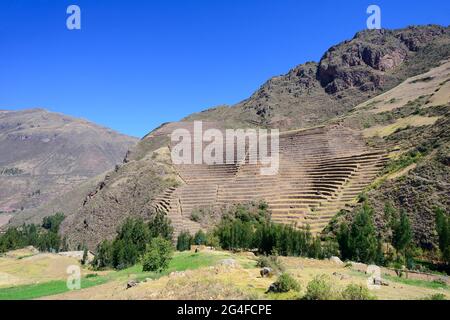 Walled terraces in the Inca ruin complex, Pisac, Cusco region, Urubamba province, Peru Stock Photo