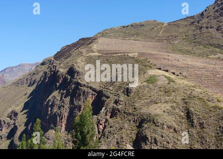 Walled terraces in the Inca ruin complex, Pisac, Cusco region, Urubamba province, Peru Stock Photo