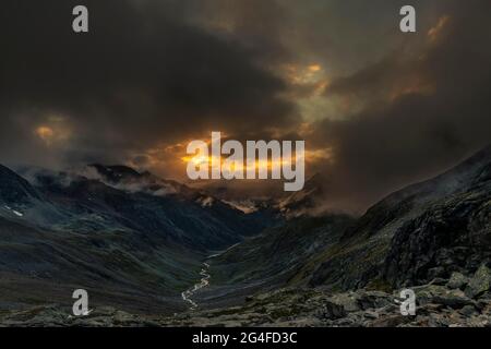 Sunset with dramatic clouds over Windbachtal, Soelden, Oetztal, Tyrol, Austria Stock Photo