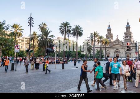 SANTIAGO, CHILE - MARCH 27, 2015: People walk at Plaza de las Armas square in Santiago, Chile Stock Photo